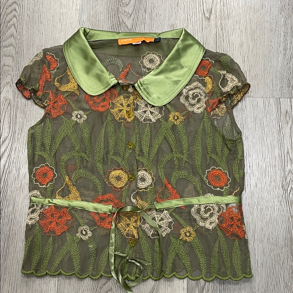Cynthia Steffe Sheer Blouse with Green Collar silk